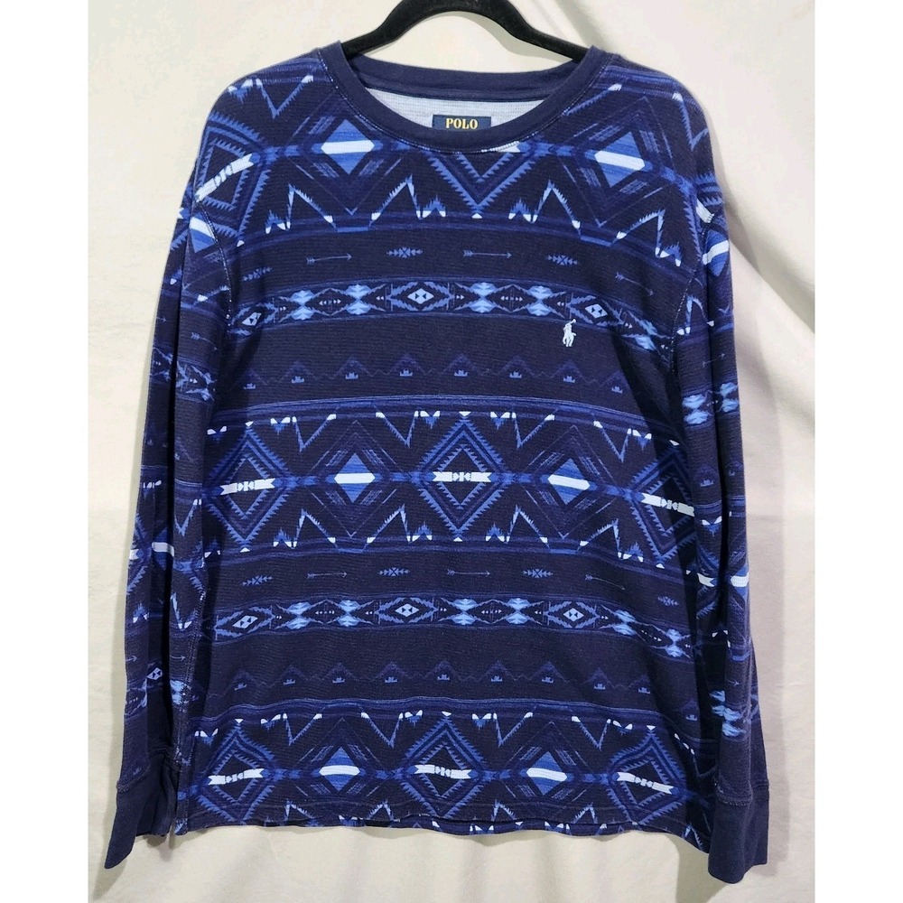 Polo Ralph Lauren XL Blue Aztec Southwestern Thermal Waffle Polo Pony Shirt